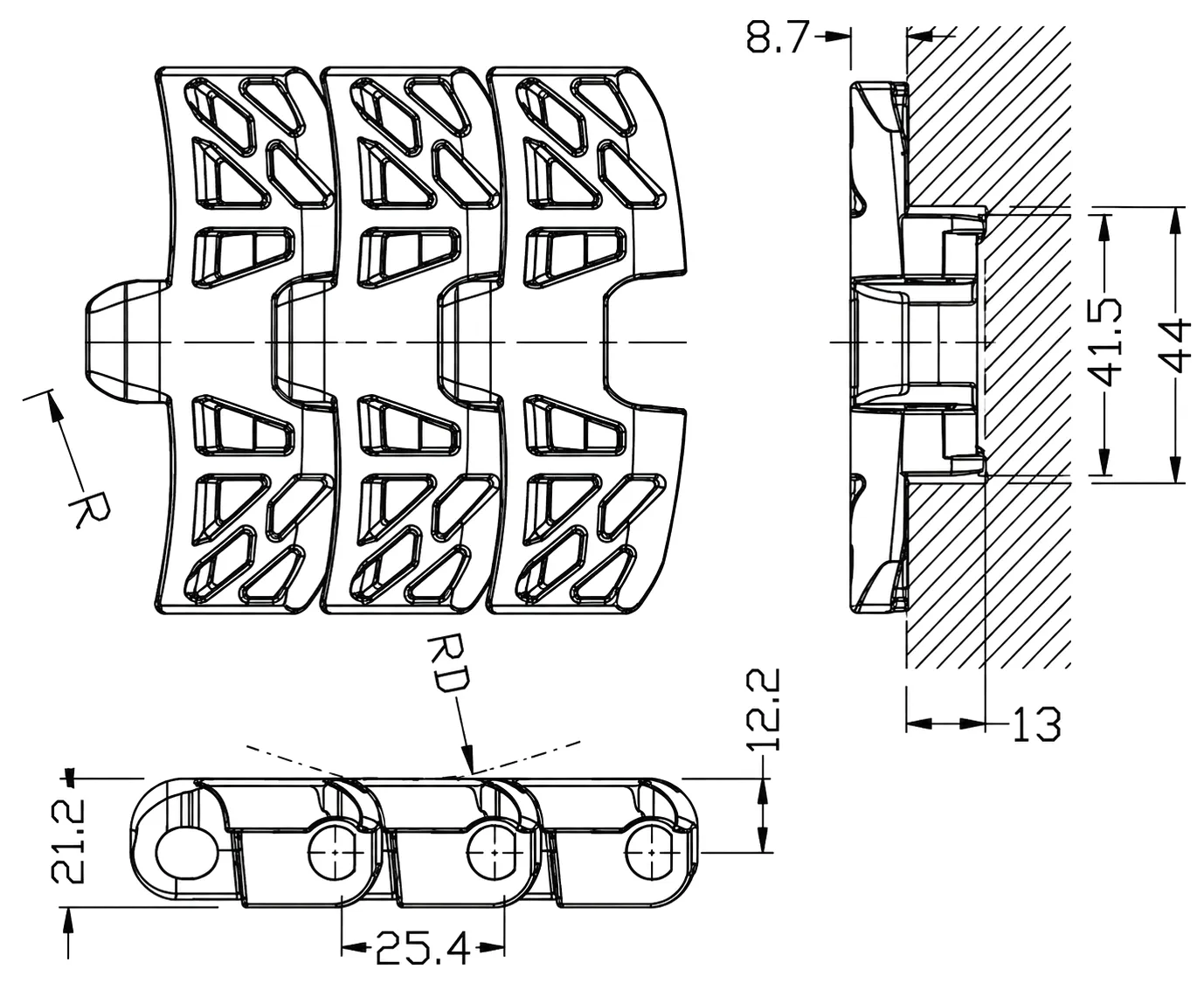 1050 Magnetic Side-Flexing Single Hinge Chain engineering drawing