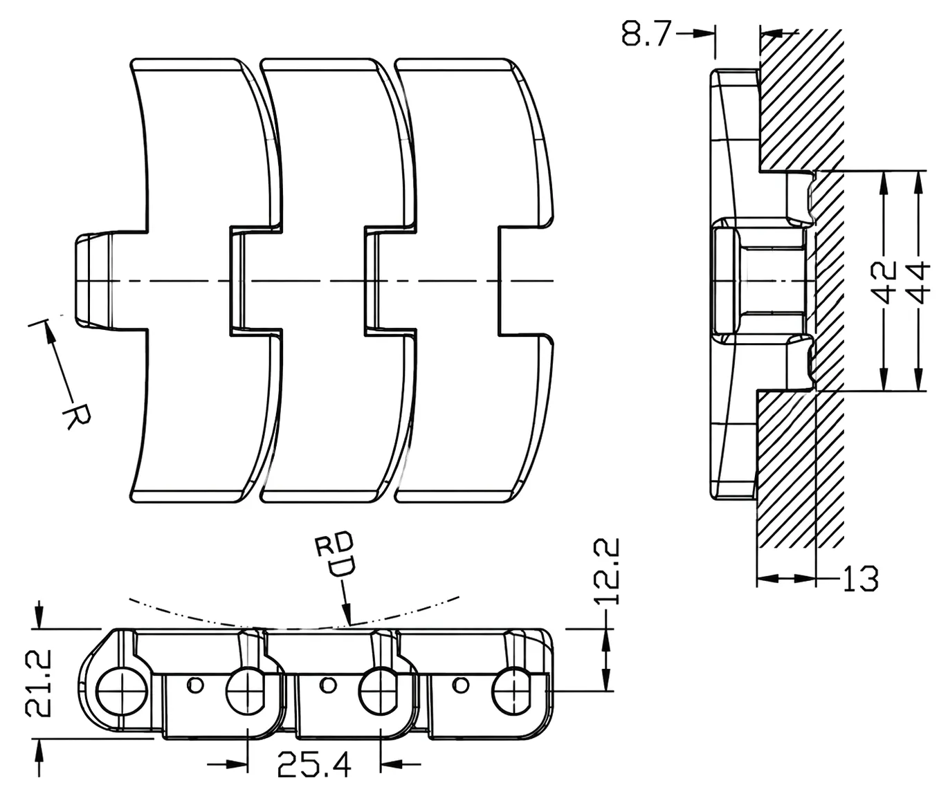 1060 magnetic side flexing single hinge chain technical drawing dimensions