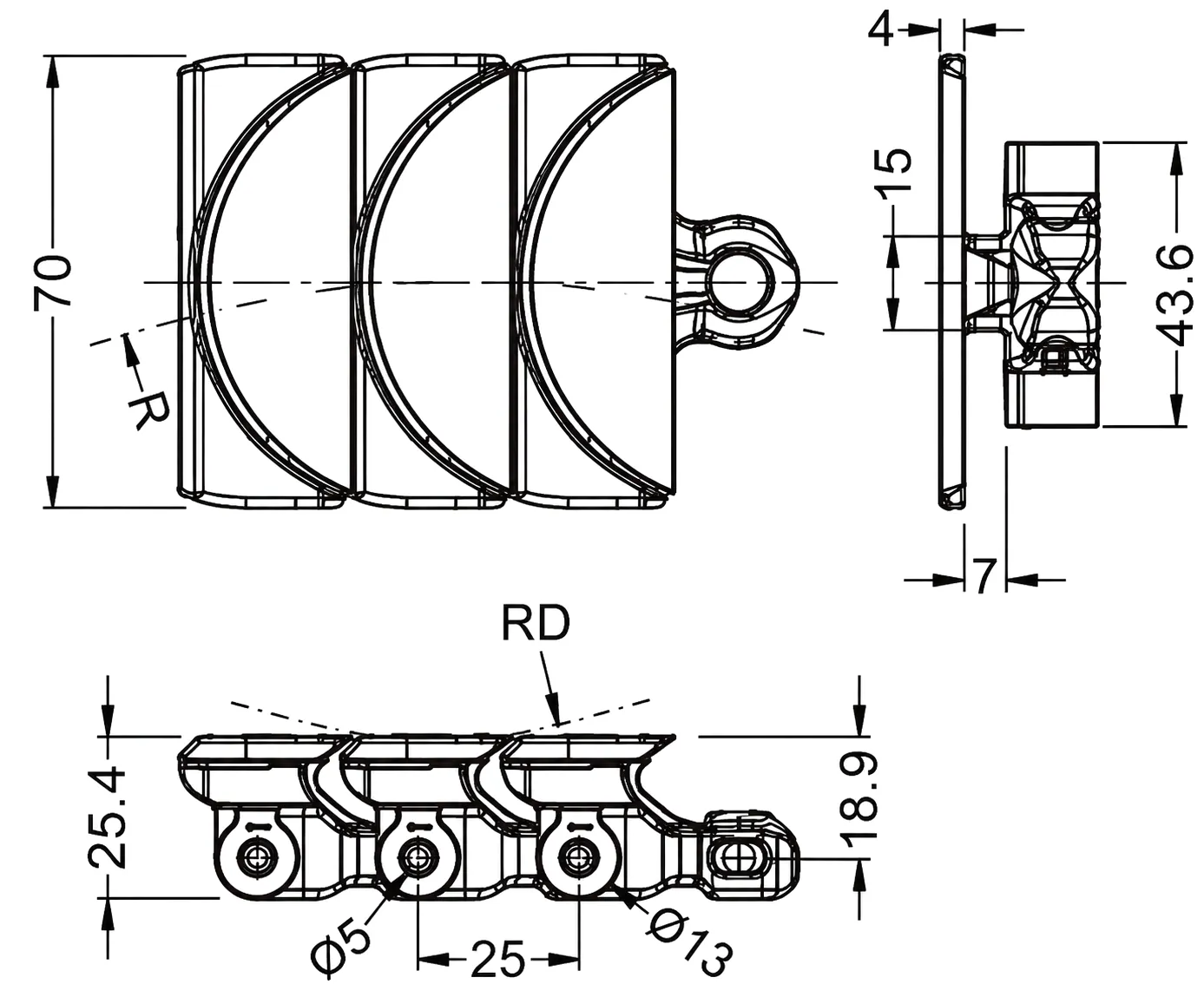 1775 Gapless Sideflex Single Hinge Chain Engineering Drawing Dimensions