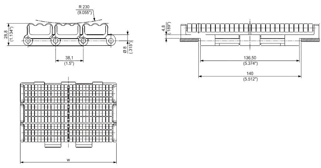 821 Sideflex Single Hinge Roller Chain Technical Drawing Dimensions