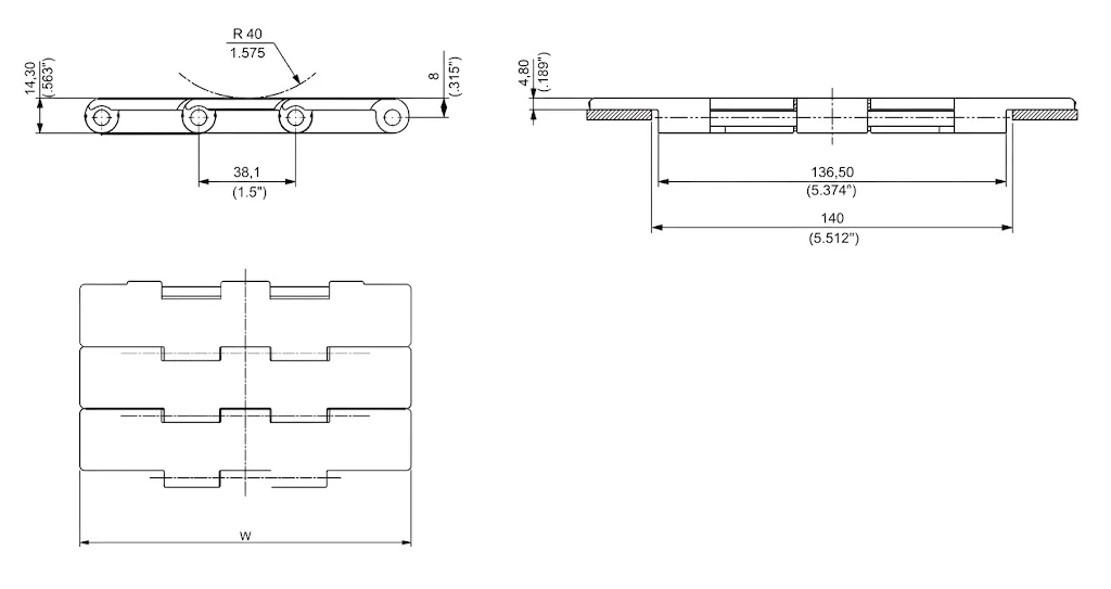 821 Straight Run Double Hinge Chain Technical Drawing